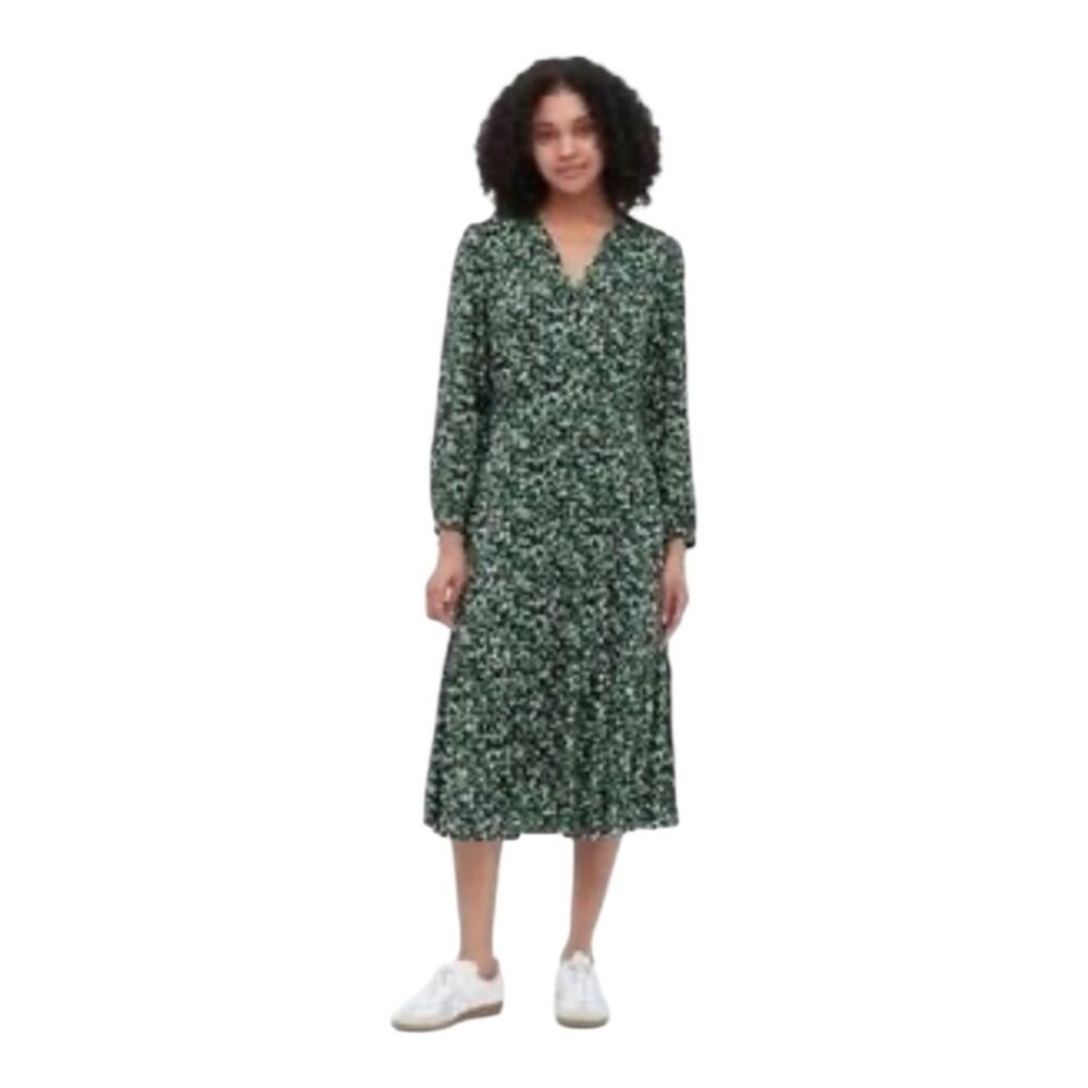 Uniqlo Green Floral Long Sleeve Button Up Dress Large